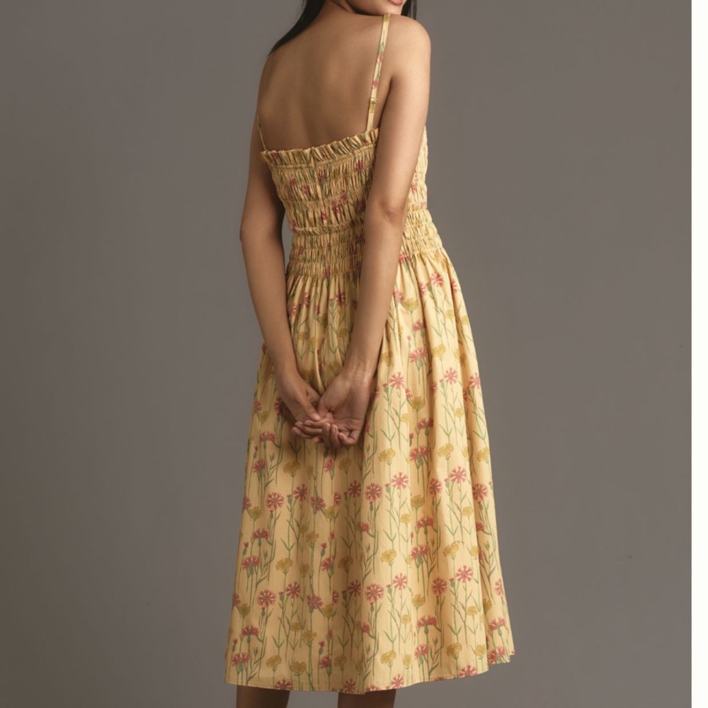 Anthropologie Hutch Sleeveless Smocked Midi Dress Gold Floral Ruffles Pockets L - Picture 4 of 16